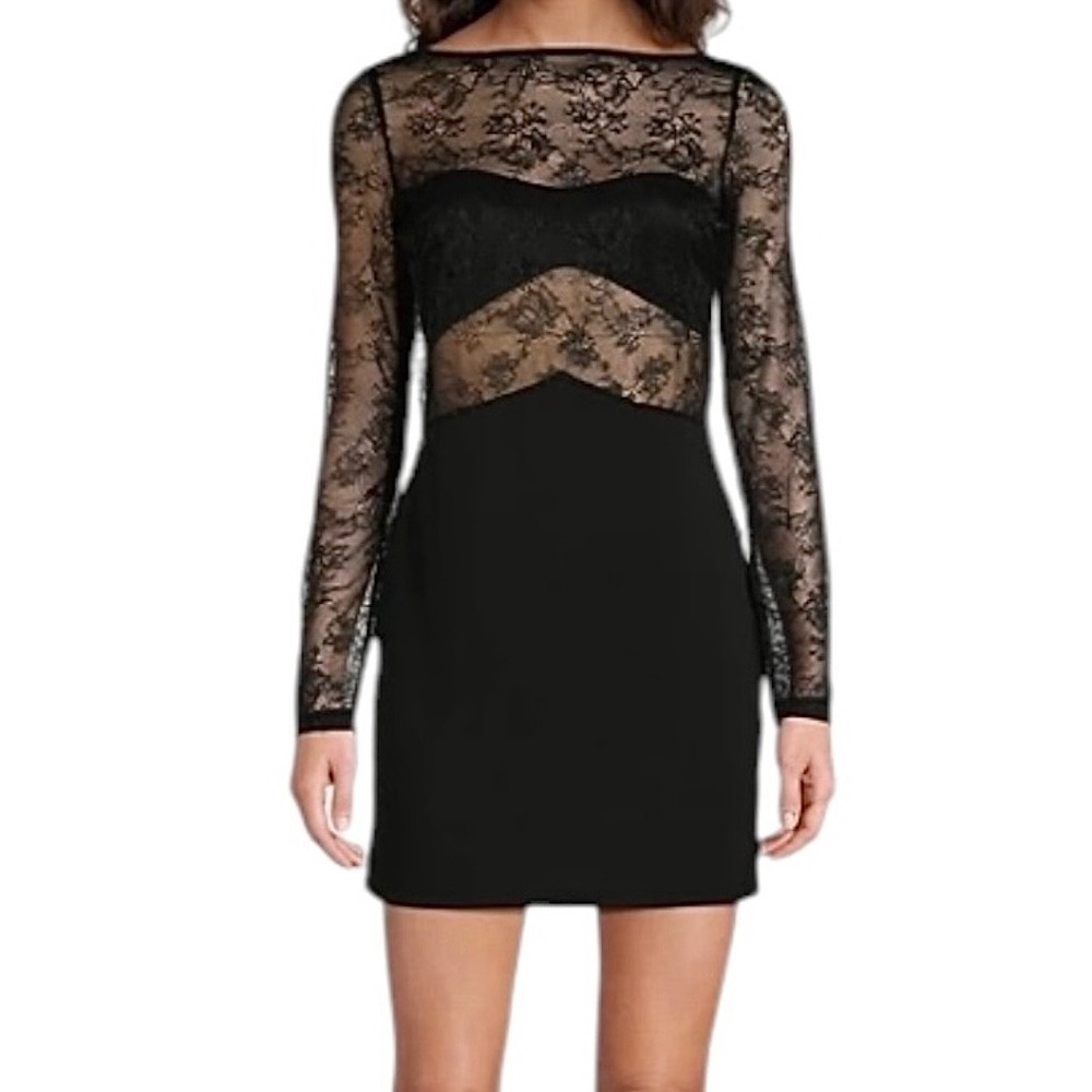 Chelsea & Violet Black Lace Long Sleeve Mini Dress Sheer Bodice Size L NEW